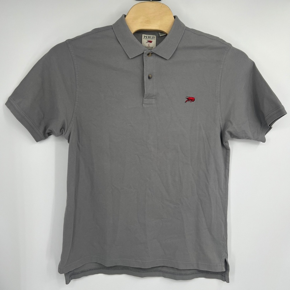 Perlis Mens Gray Peruvian Cotton Crawfish Logo Polo Shirt Size Large